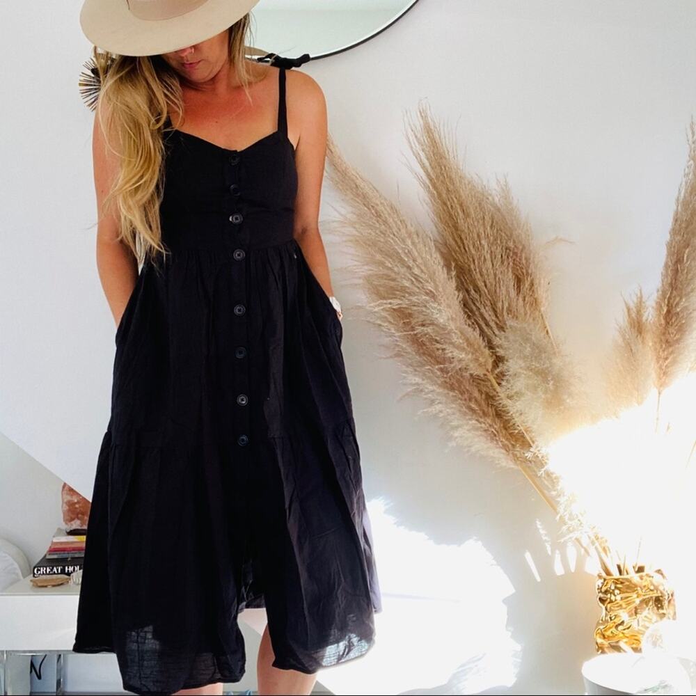 UO Black Positano Tank Straps Tiered Linen Tie Strap Button Front Midi Dress S